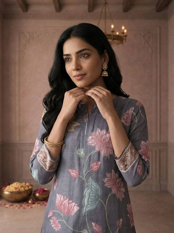 Grey Muslin Lotus Floral Printed Kurta