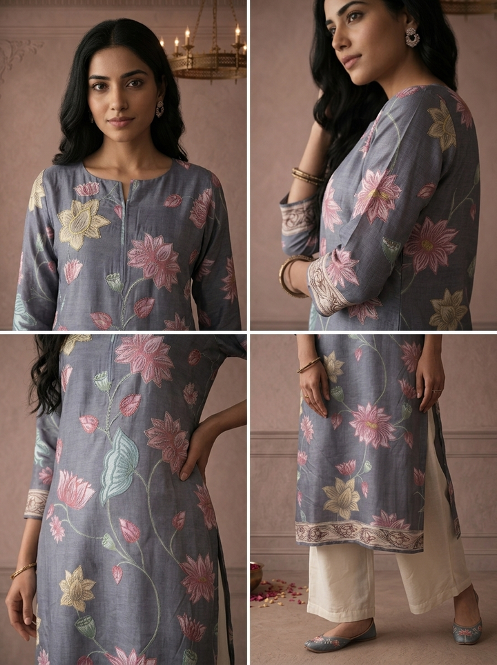 Grey Muslin Lotus Floral Printed Kurta