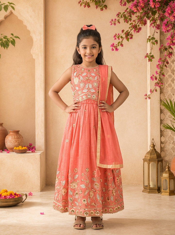 Coral Tissue Sequins Floral Embroidered Ghagra Set