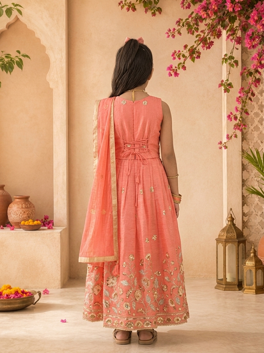 Coral Tissue Sequins Floral Embroidered Ghagra Set