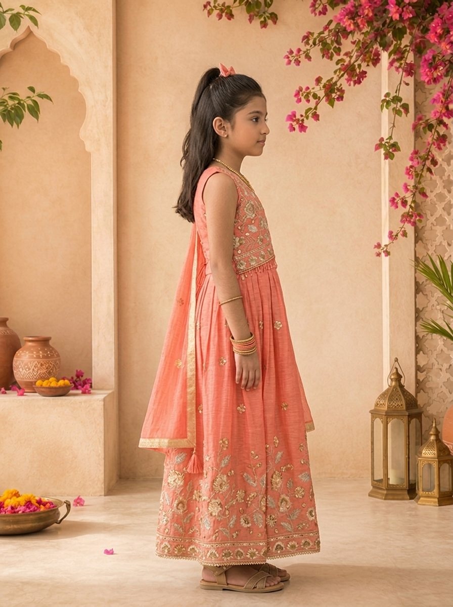 Coral Tissue Sequins Floral Embroidered Ghagra Set