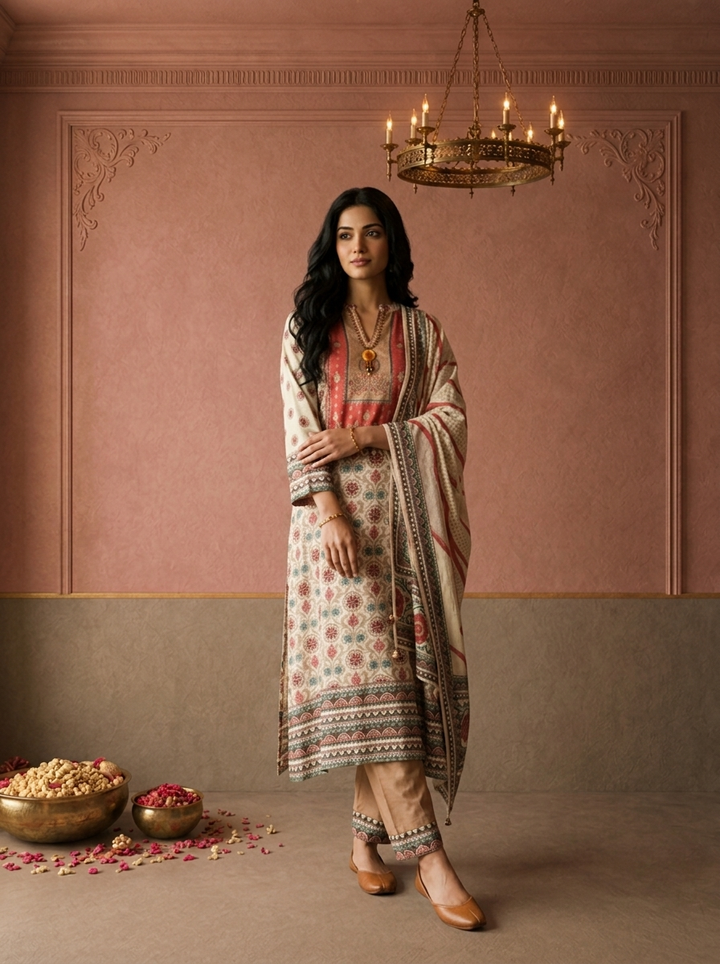 Cream Crepe Mughal Damask Printed Three Piece Set