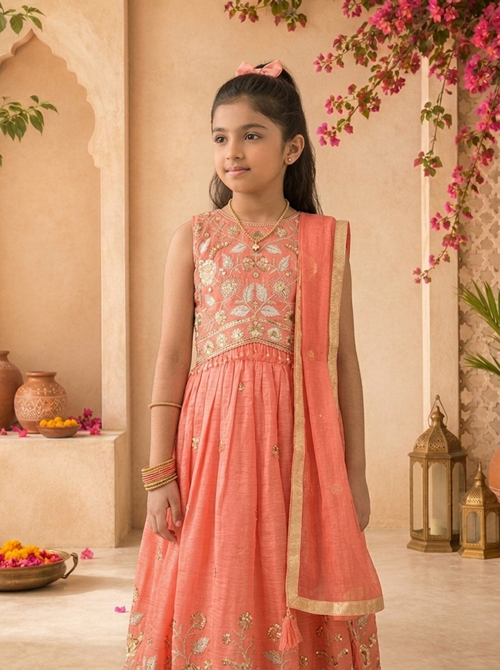 Coral Tissue Sequins Floral Embroidered Ghagra Set