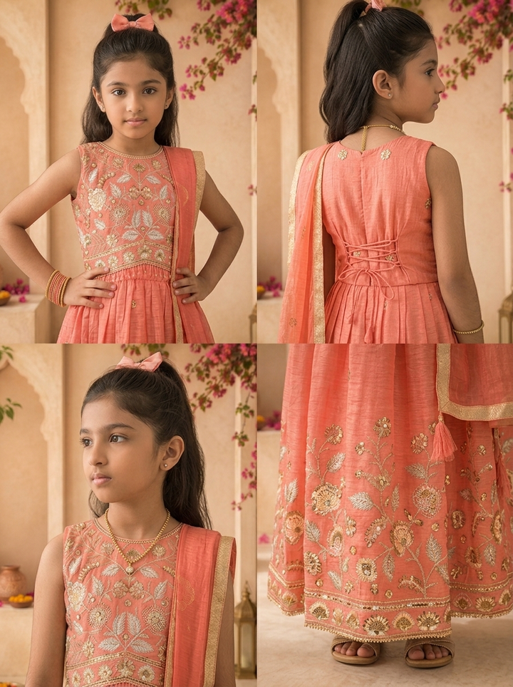 Coral Tissue Sequins Floral Embroidered Ghagra Set