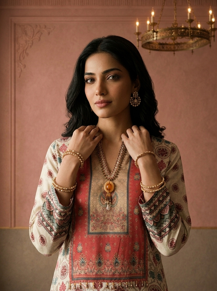 Cream Crepe Mughal Damask Printed Three Piece Set