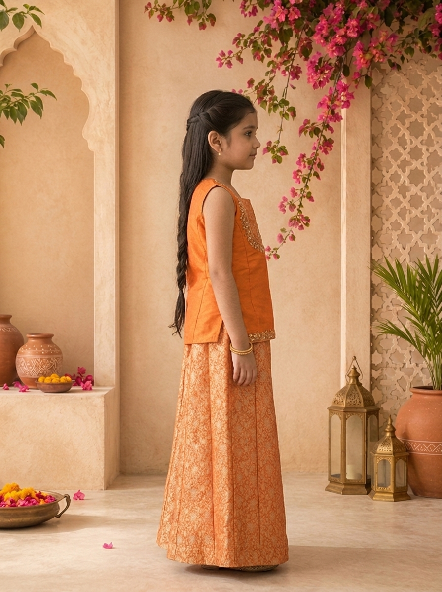 Orange Banaras Floral Motif Embroidered Palazzo Set