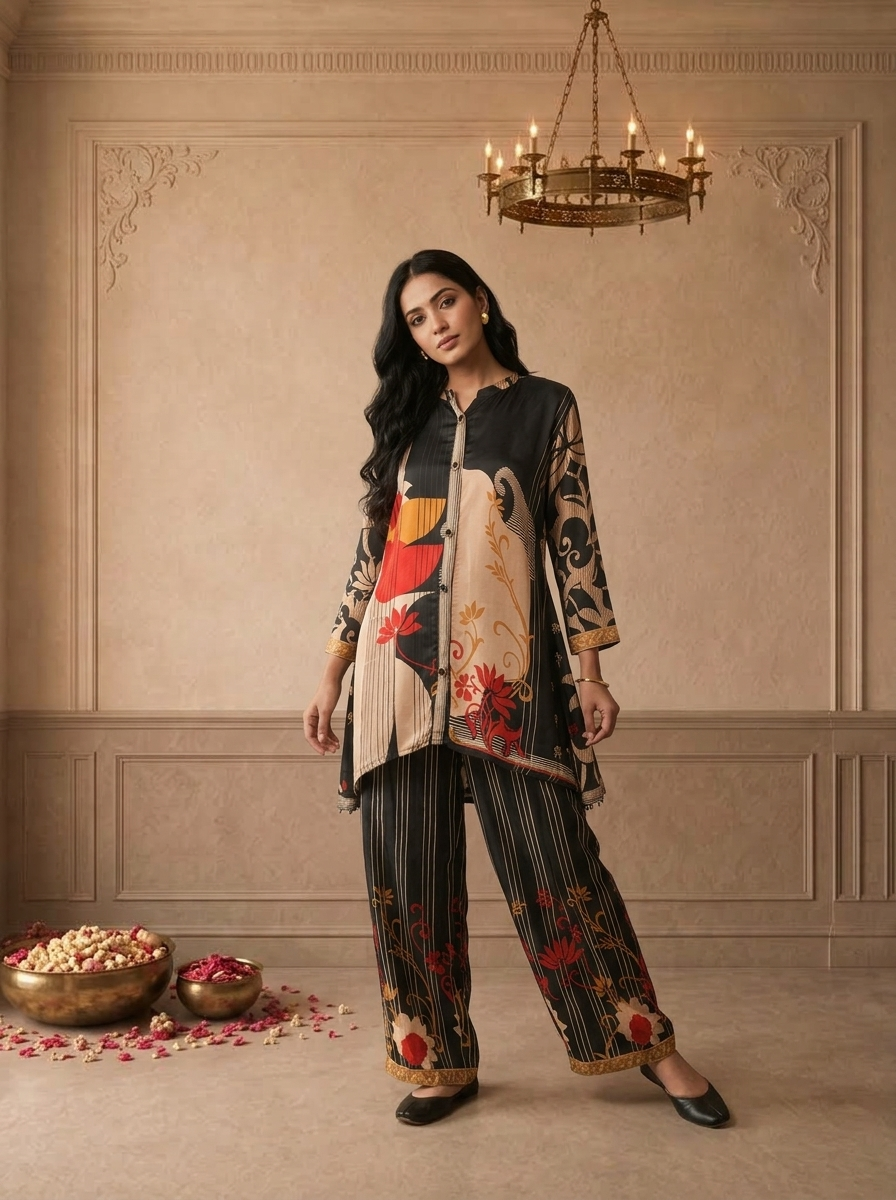 Black Crepe Abstract Floral Printed Two Piece Set
