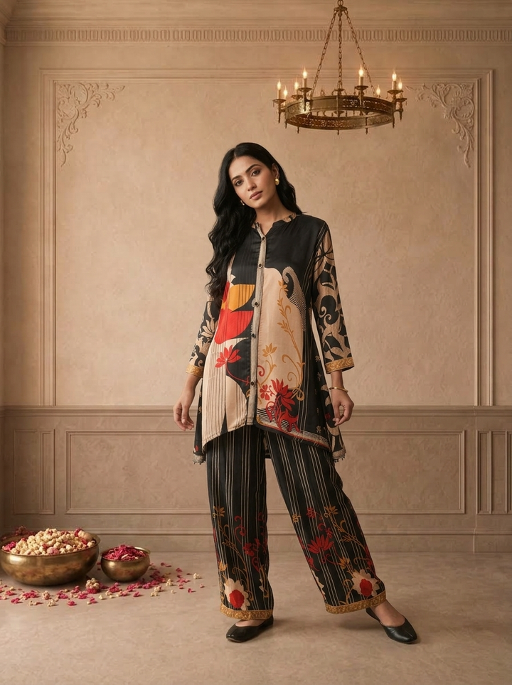 Black Crepe Abstract Floral Printed Two Piece Set