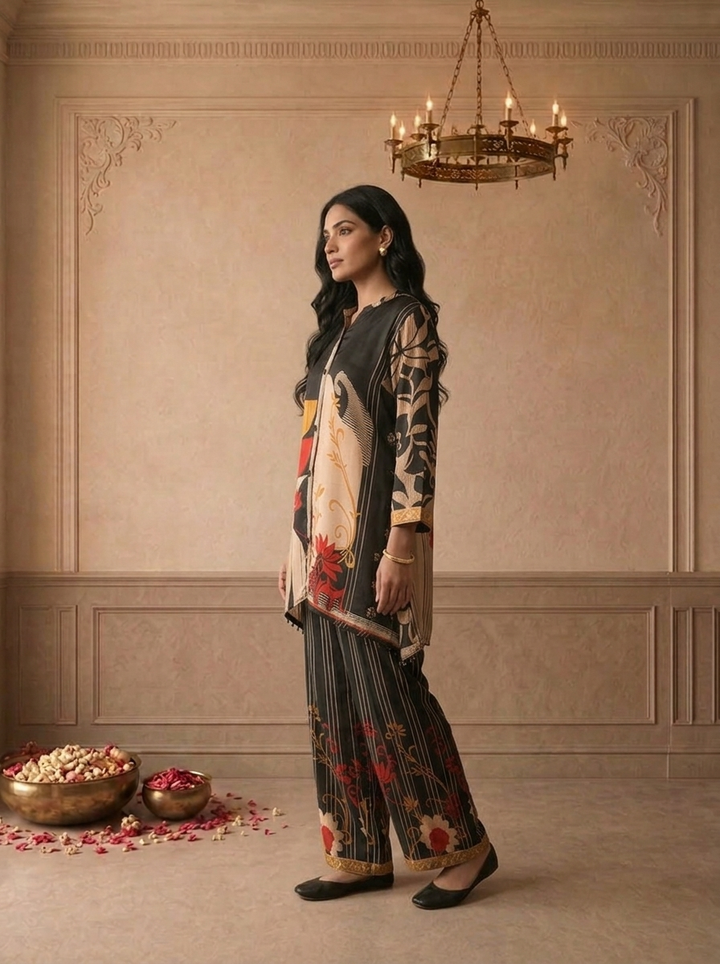 Black Crepe Abstract Floral Printed Two Piece Set