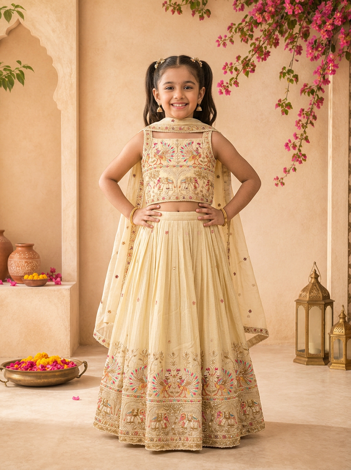 Cream Tissue Multicolor Peacock Elephant Embroidered Ghagra Set
