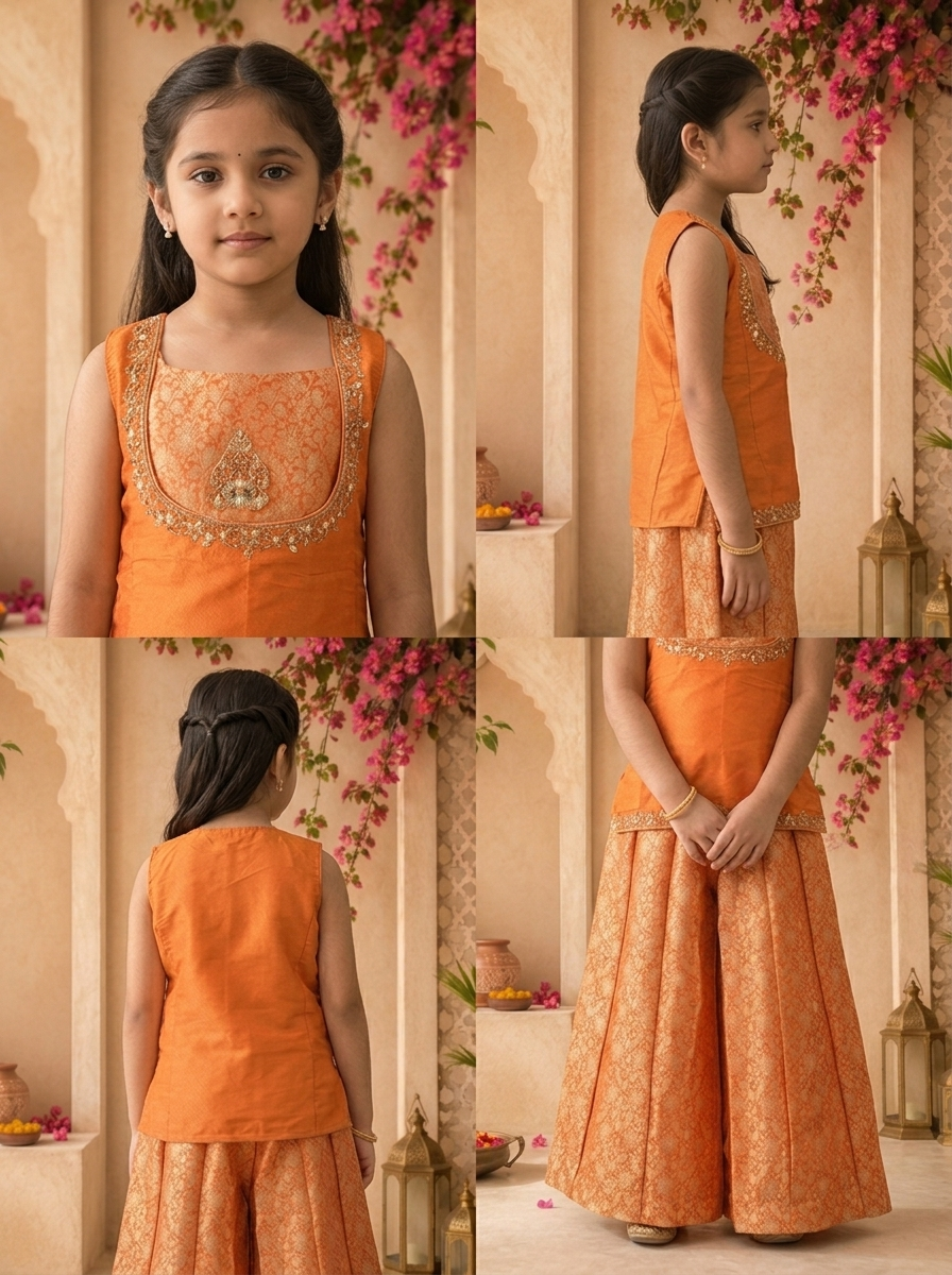 Orange Banaras Floral Motif Embroidered Palazzo Set