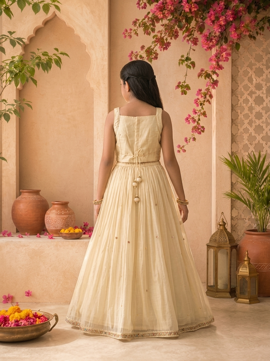 Cream Tissue Multicolor Peacock Elephant Embroidered Ghagra Set