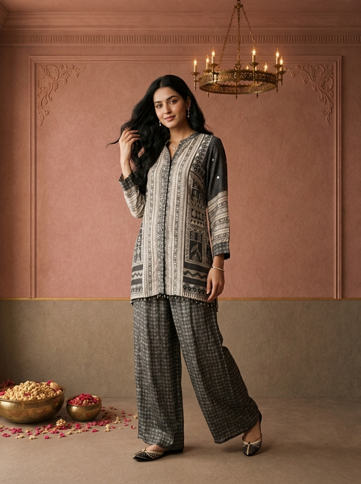 Grey Crepe Tribal Geometric Printed Two Piece Set