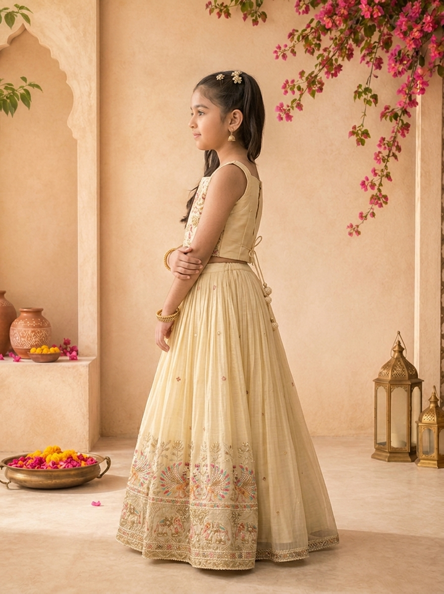 Cream Tissue Multicolor Peacock Elephant Embroidered Ghagra Set
