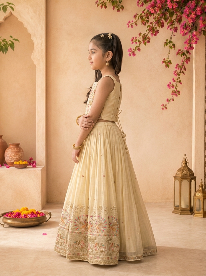 Cream Tissue Multicolor Peacock Elephant Embroidered Ghagra Set