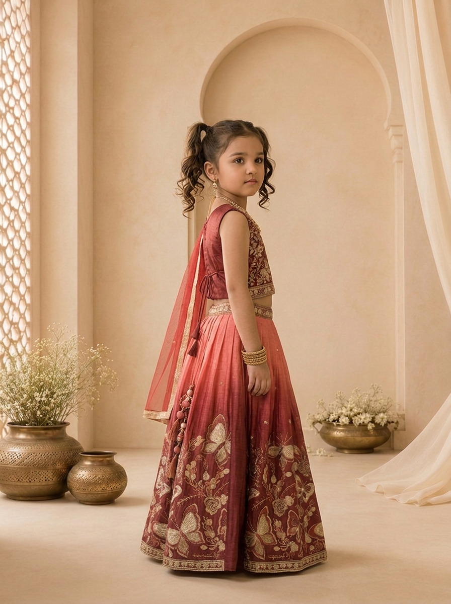 Maroon Georgette Butterfly Floral Thread Embroidered Ghagra Set