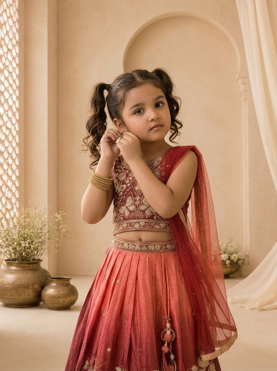 Maroon Georgette Butterfly Floral Thread Embroidered Ghagra Set