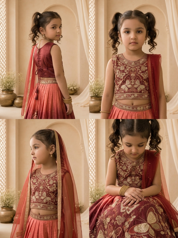 Maroon Georgette Butterfly Floral Thread Embroidered Ghagra Set