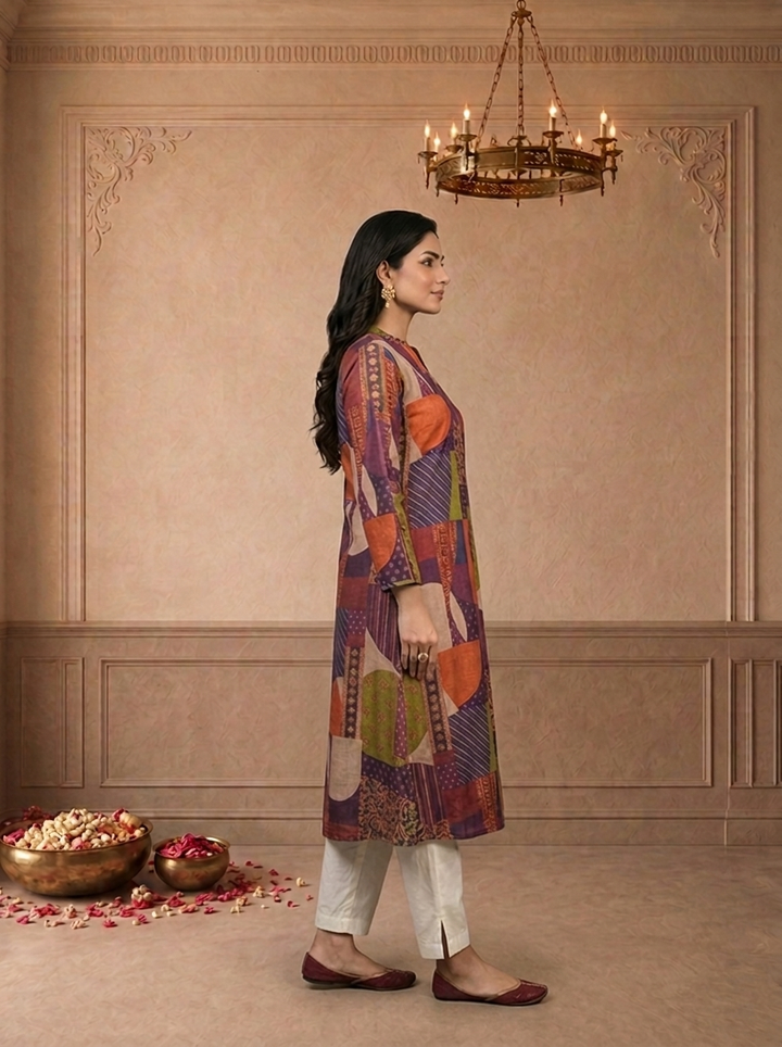 Multicolor Muslin Abstract Patchwork Printed Kurta
