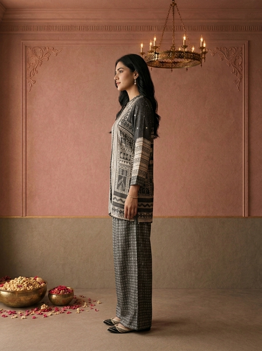 Grey Crepe Tribal Geometric Printed Two Piece Set