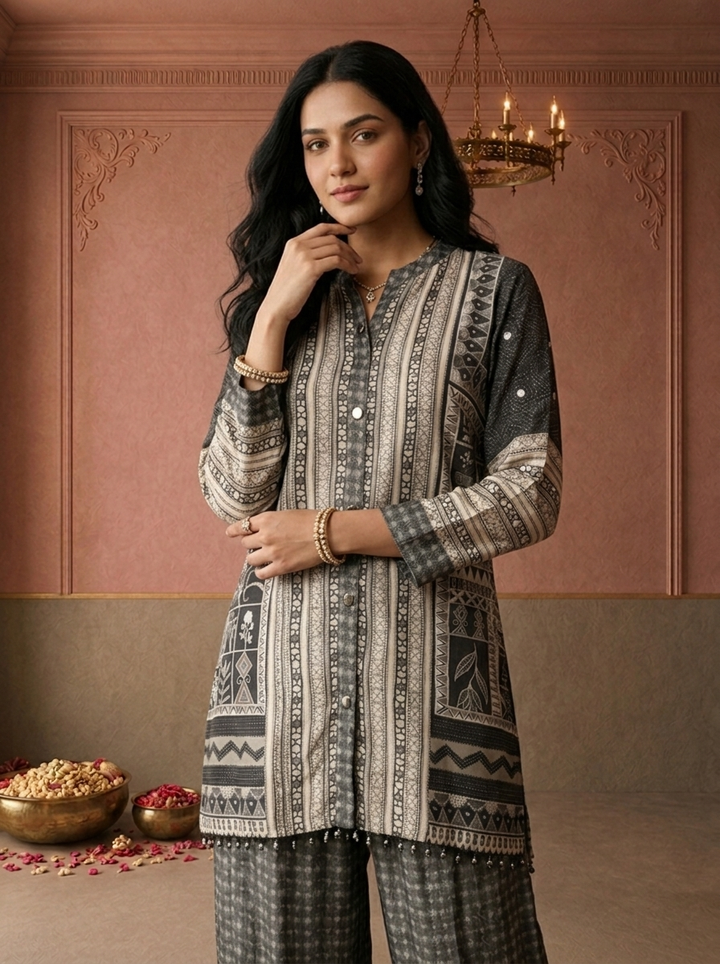 Grey Crepe Tribal Geometric Printed Two Piece Set