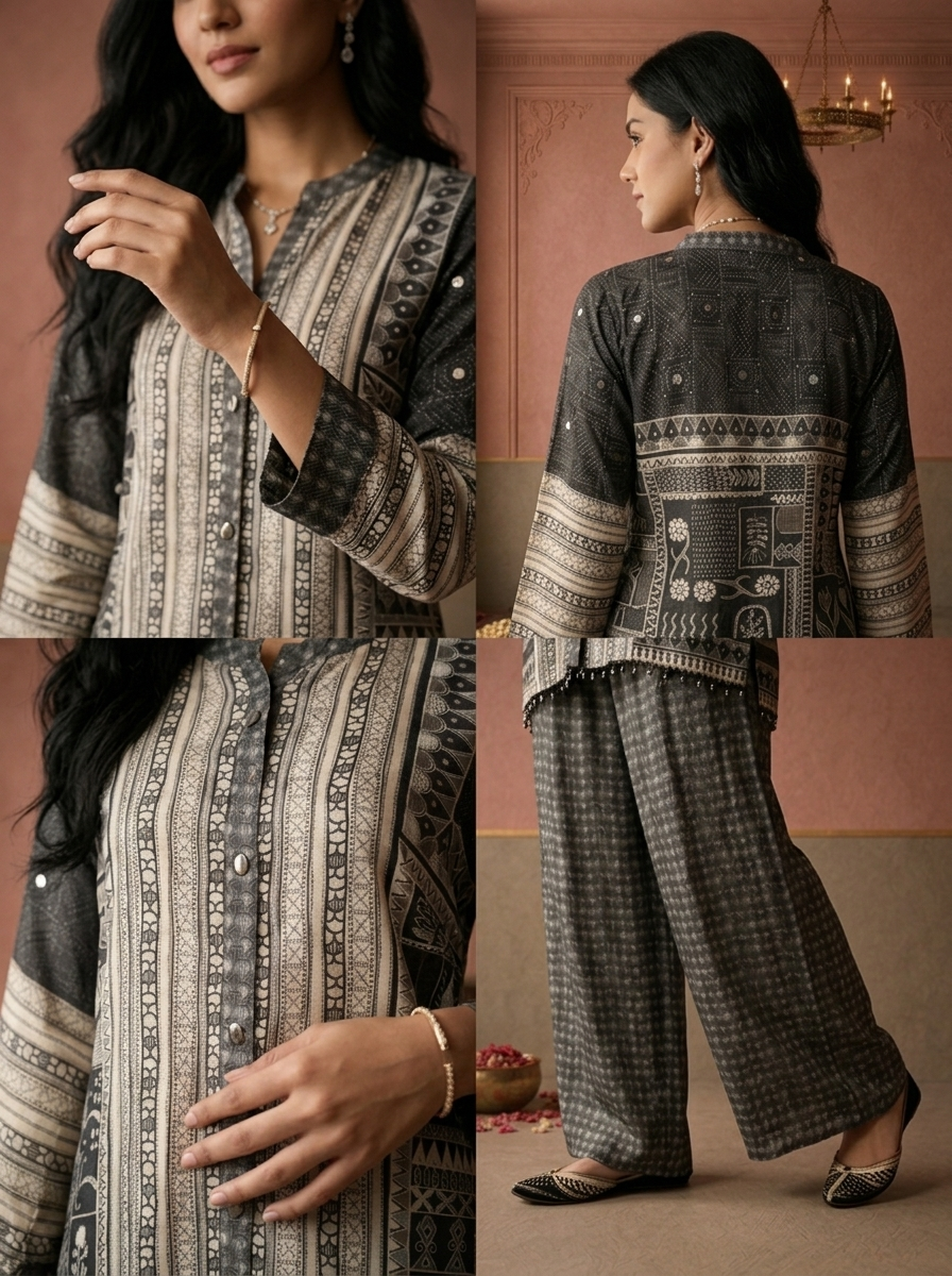 Grey Crepe Tribal Geometric Printed Two Piece Set