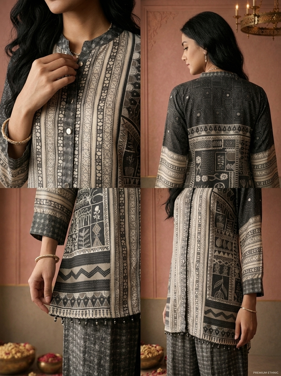 Grey Crepe Tribal Geometric Printed Two Piece Set