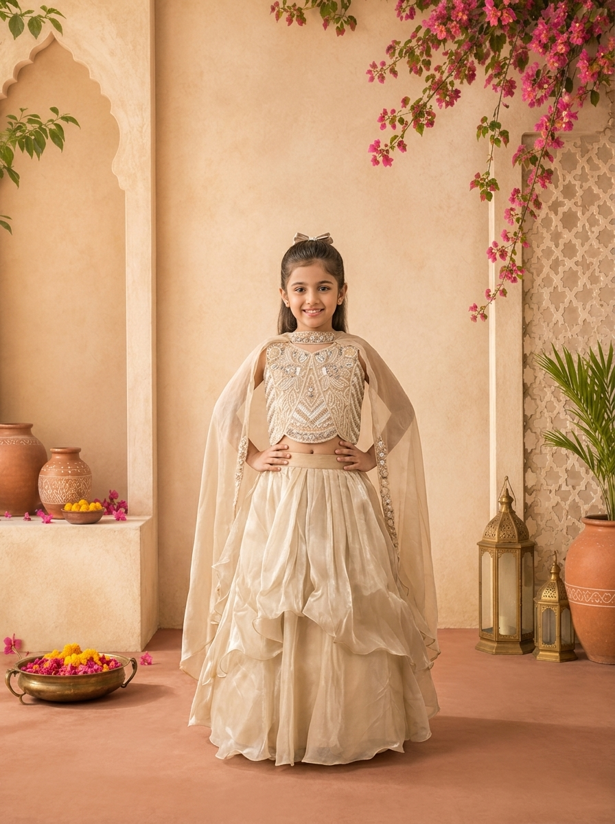 Beige Tissue Thread Embroidered Ghagra Set