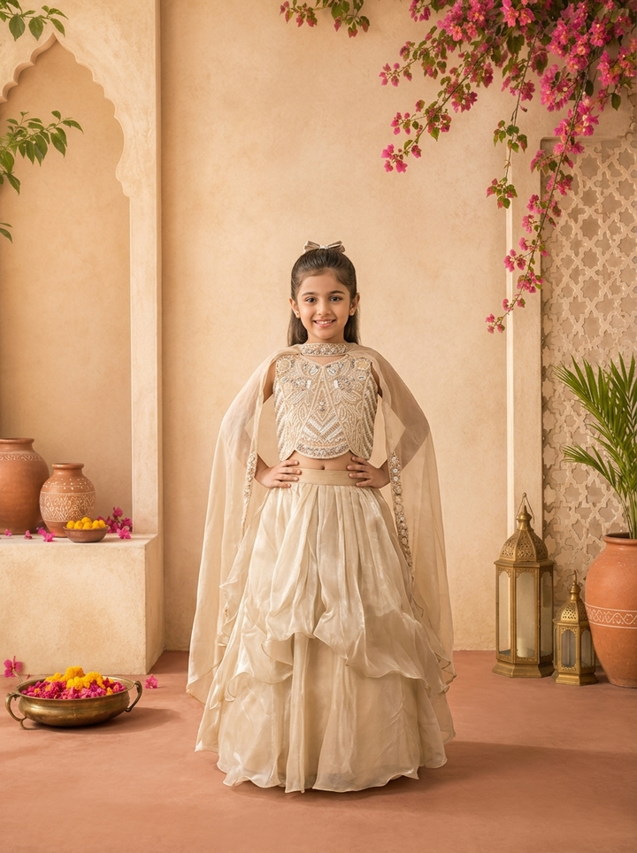 Beige Tissue Thread Embroidered Ghagra Set