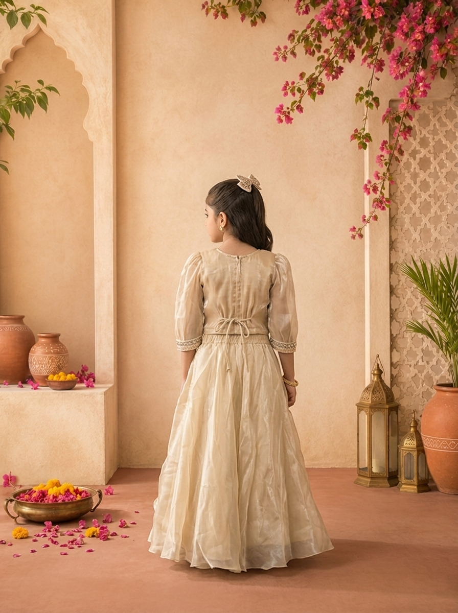 Beige Tissue Thread Embroidered Ghagra Set