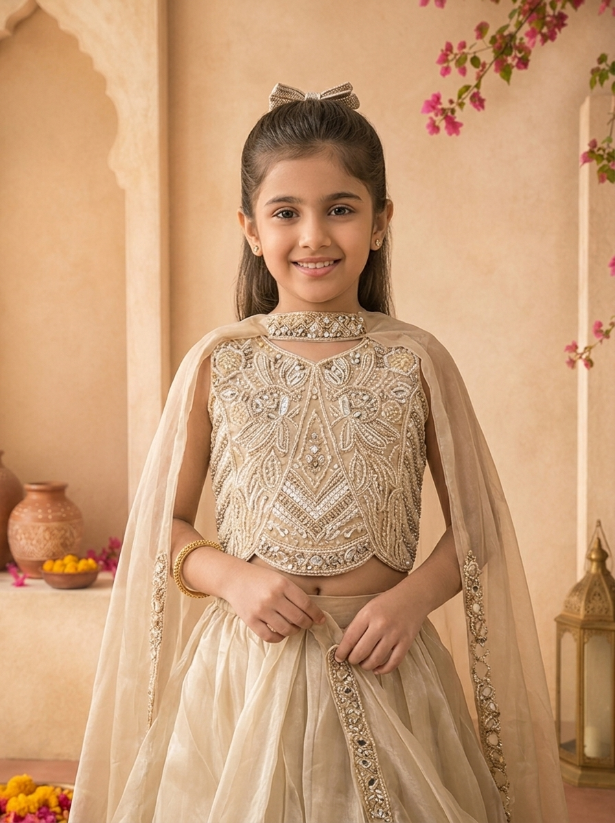 Beige Tissue Thread Embroidered Ghagra Set