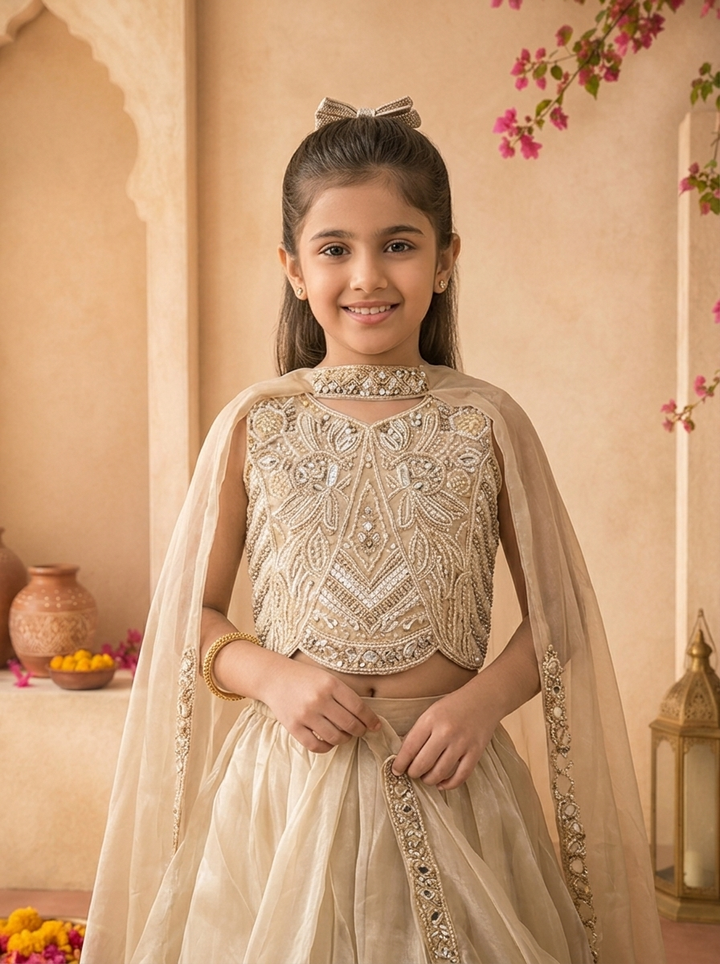 Beige Tissue Thread Embroidered Ghagra Set