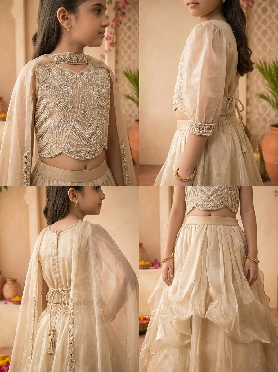 Beige Tissue Thread Embroidered Ghagra Set
