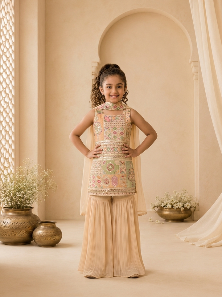 Beige Georgette Multicolor Thread And Zari Embroidered Sharara Set