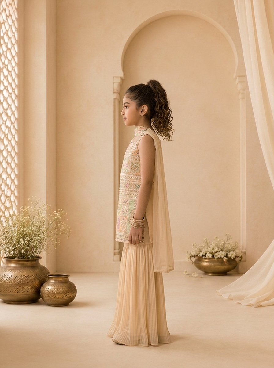 Beige Georgette Multicolor Thread And Zari Embroidered Sharara Set