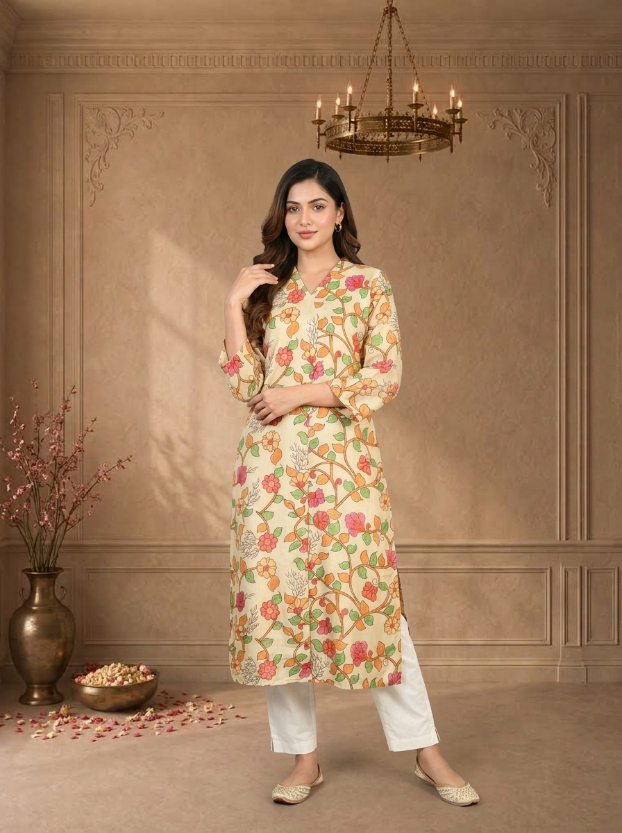 Cream Muslin Kalamkari Floral Vine Printed Kurta