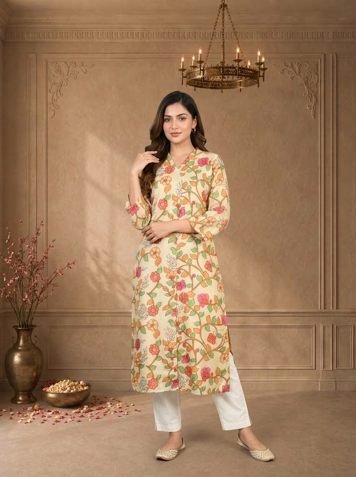 Cream Muslin Kalamkari Floral Vine Printed Kurta