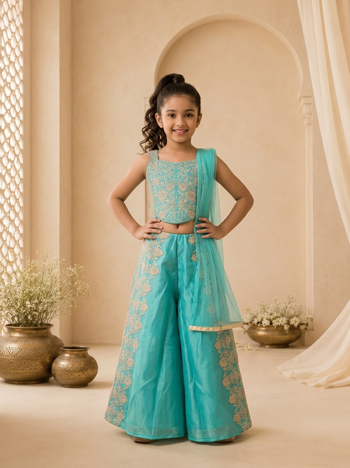 Sea Green Tissue Heavy Gold Zari Embroidered Palazzo Set