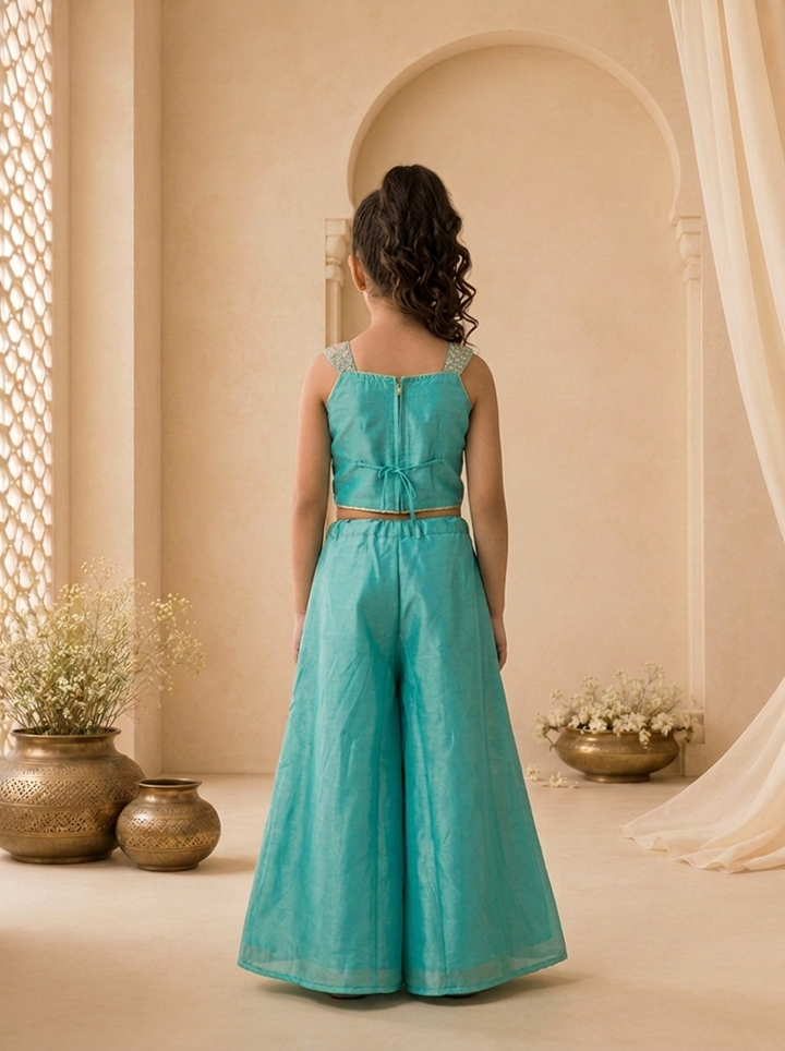 Sea Green Tissue Heavy Gold Zari Embroidered Palazzo Set