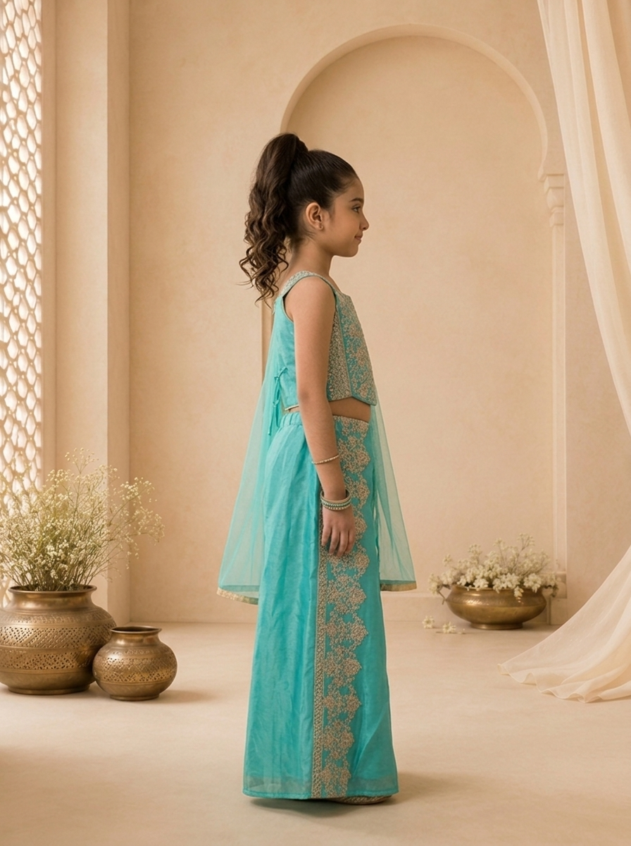 Sea Green Tissue Heavy Gold Zari Embroidered Palazzo Set