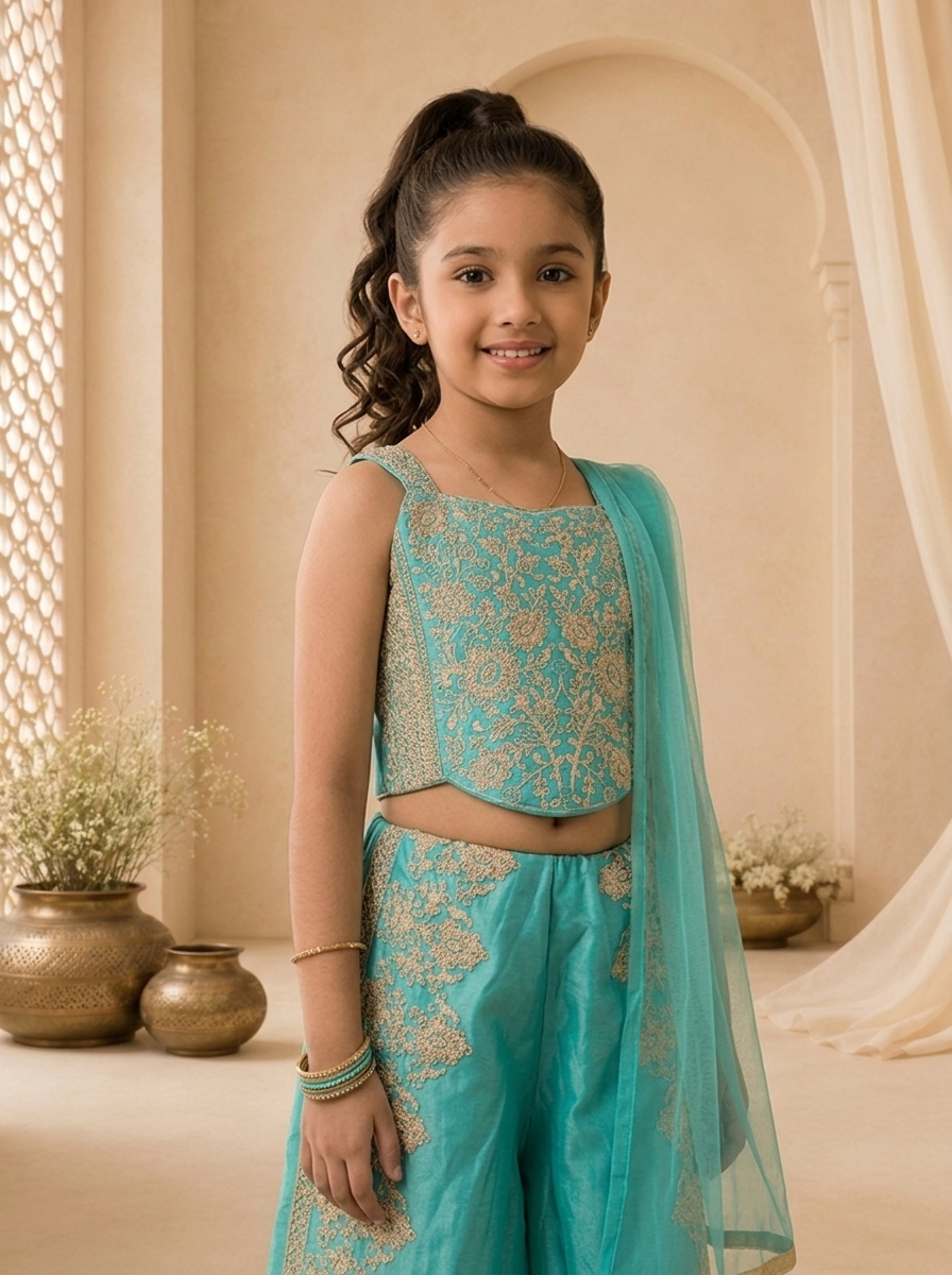 Sea Green Tissue Heavy Gold Zari Embroidered Palazzo Set