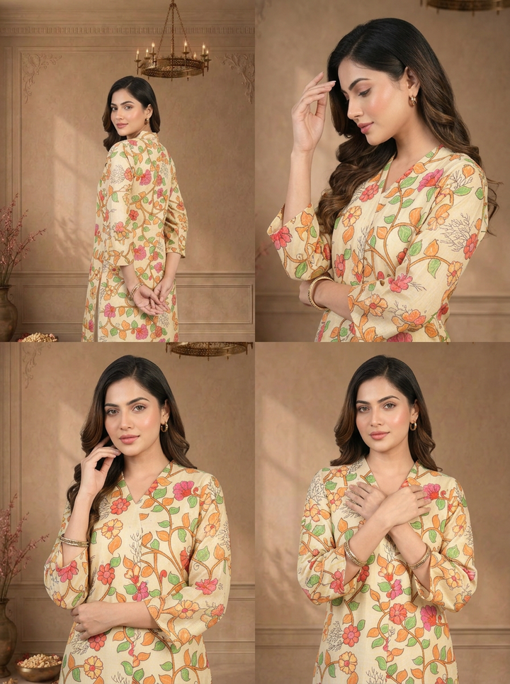 Cream Muslin Kalamkari Floral Vine Printed Kurta