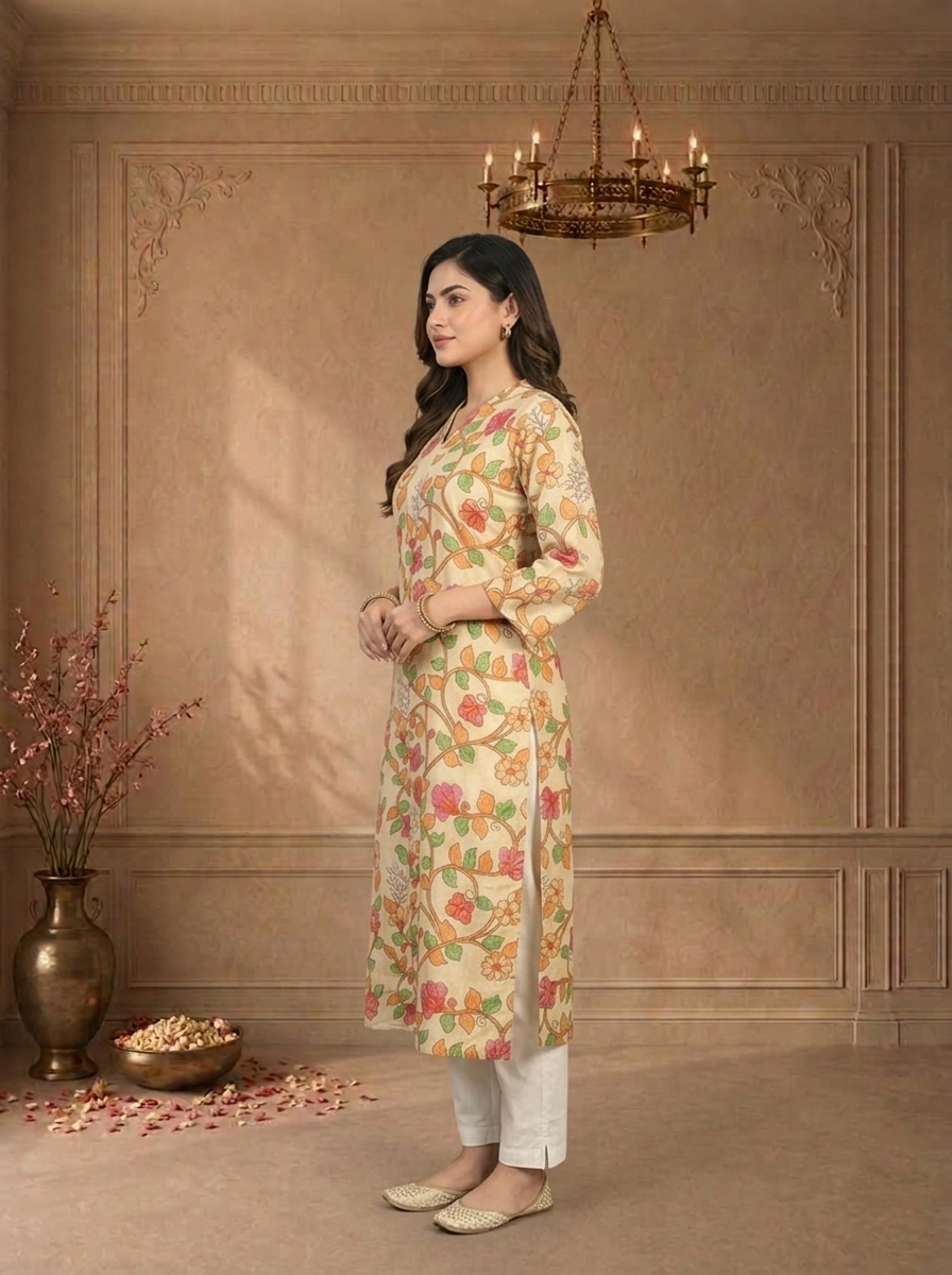 Cream Muslin Kalamkari Floral Vine Printed Kurta