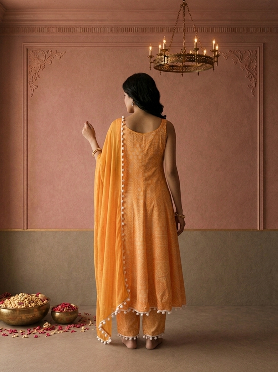 Yellow Chinon Bandhej Tribal Patch Printed Three Piece Set