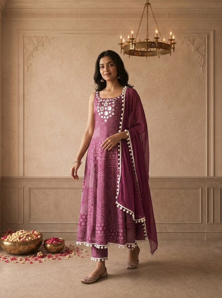 Grape Chinon Bandhej Tribal Patch Printed Three Piece Set