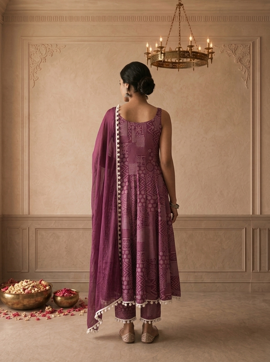 Grape Chinon Bandhej Tribal Patch Printed Three Piece Set