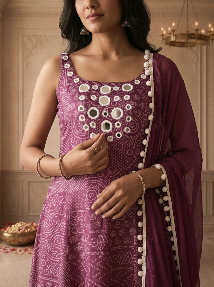 Grape Chinon Bandhej Tribal Patch Printed Three Piece Set