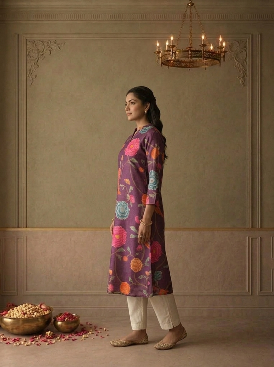 Purple Muslin Chintz Peony Floral Vine Printed Kurta