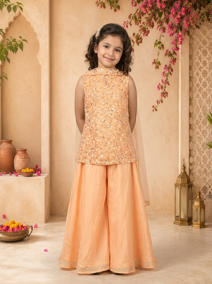 Peach Tissue Sequins Embroidered Palazzo Set