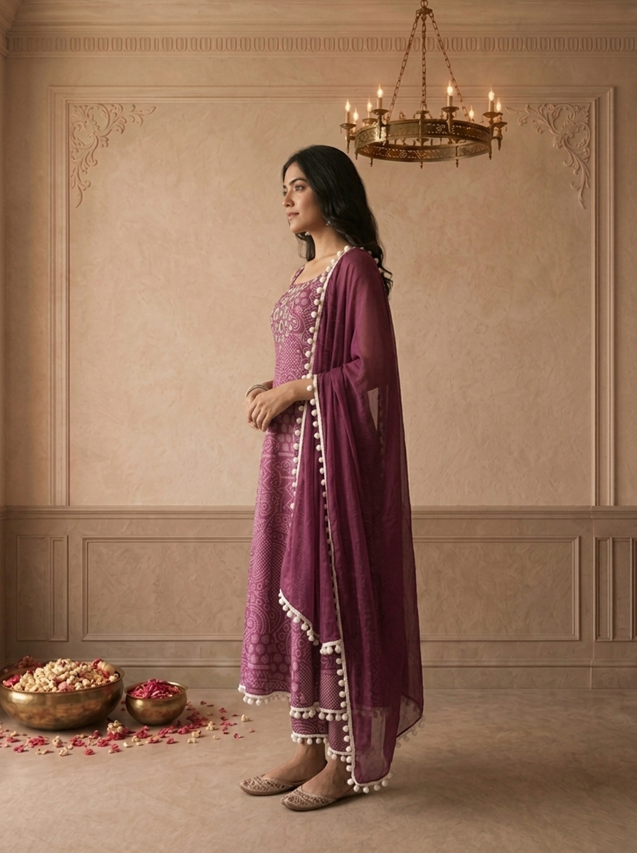 Grape Chinon Bandhej Tribal Patch Printed Three Piece Set